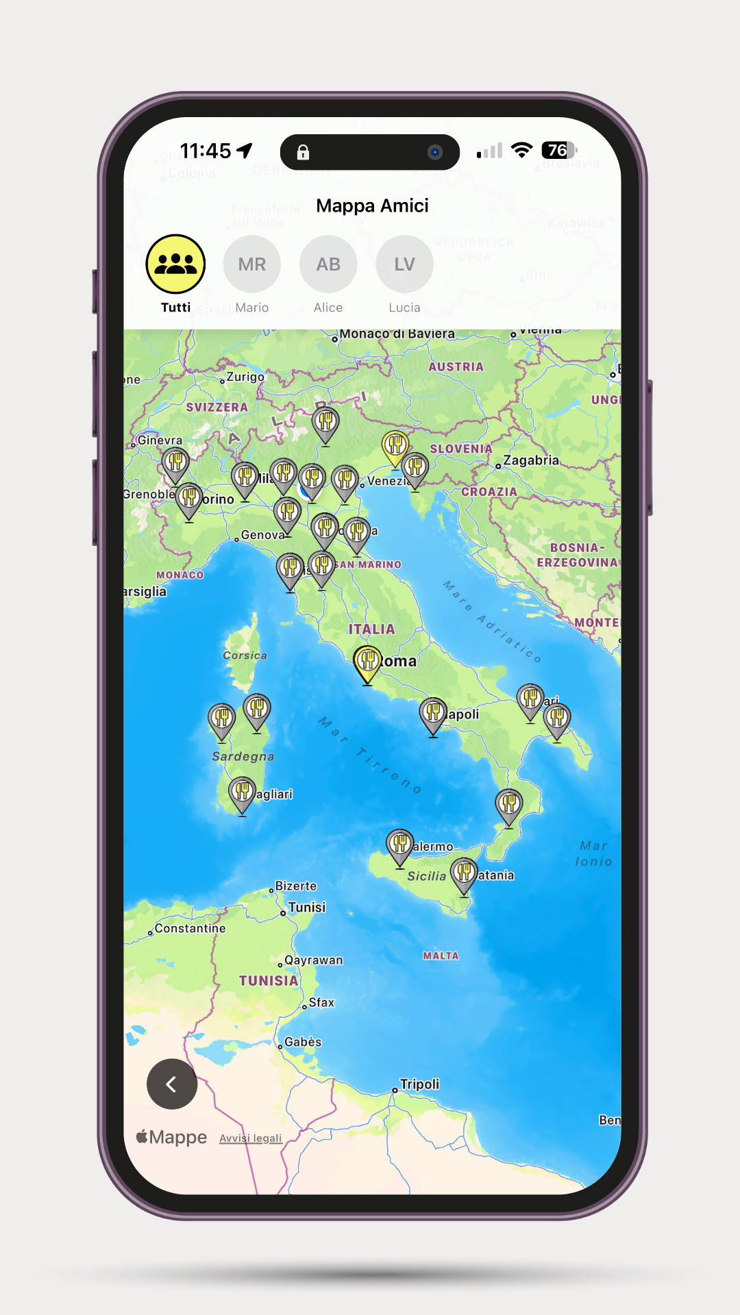 FidEat - Schermata Mappa Amici su iPhone